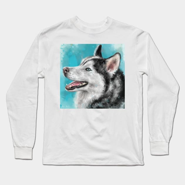 Adorable Siberian Husky Painting Smiling on Blue background Long Sleeve T-Shirt by ibadishi